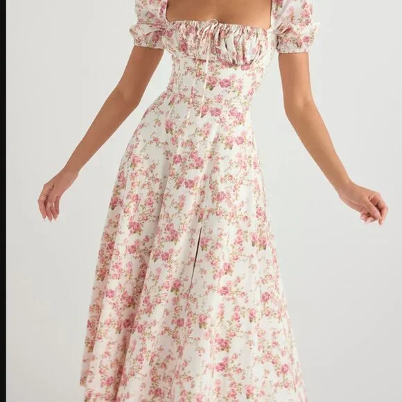 House of CB Tallulah Milk Maid Rose Print Midi Dress Small - Picture 2 of 5